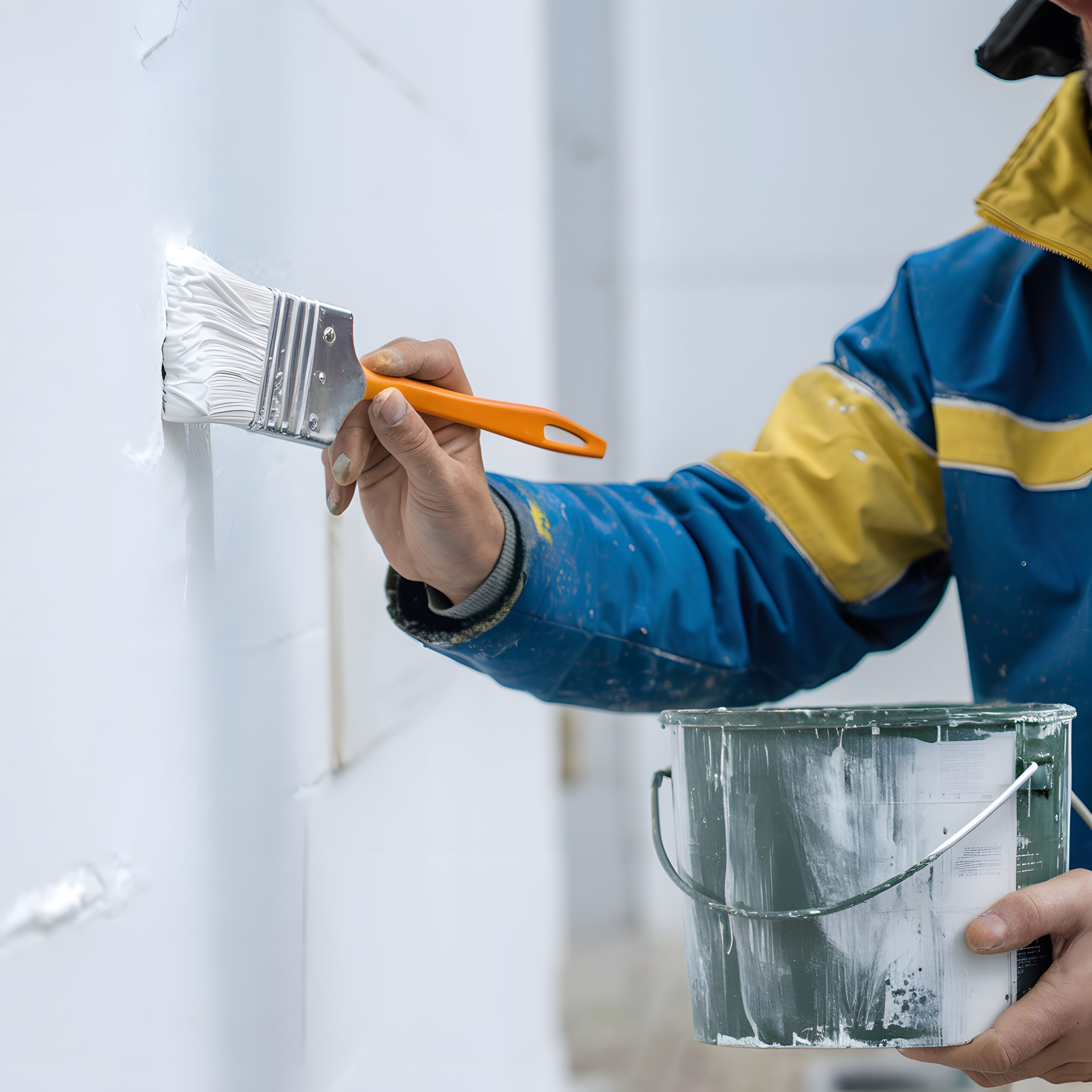 focused painter blue yellow jacket painting white wall holding paint bucket social media