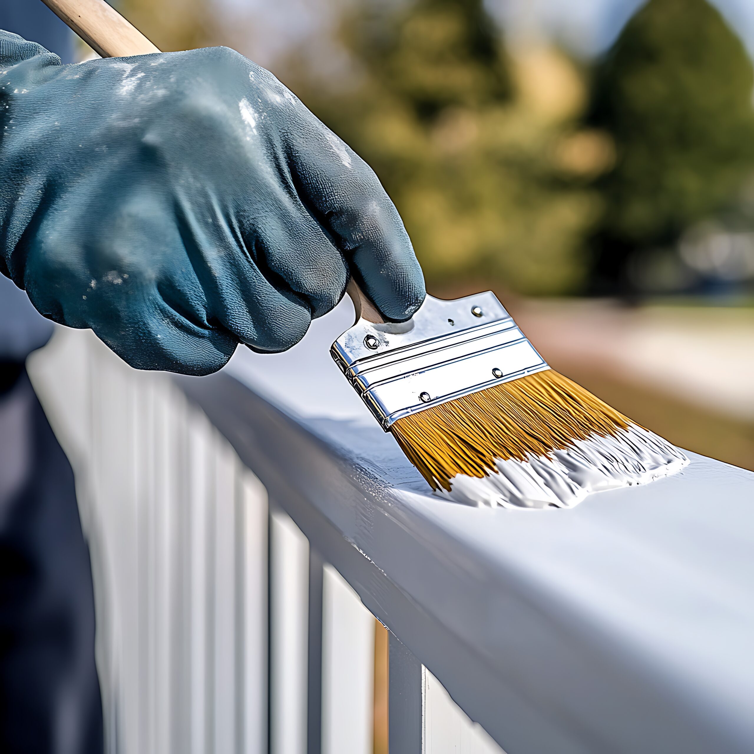 someone is painting a white rail with a brush and a blue glove