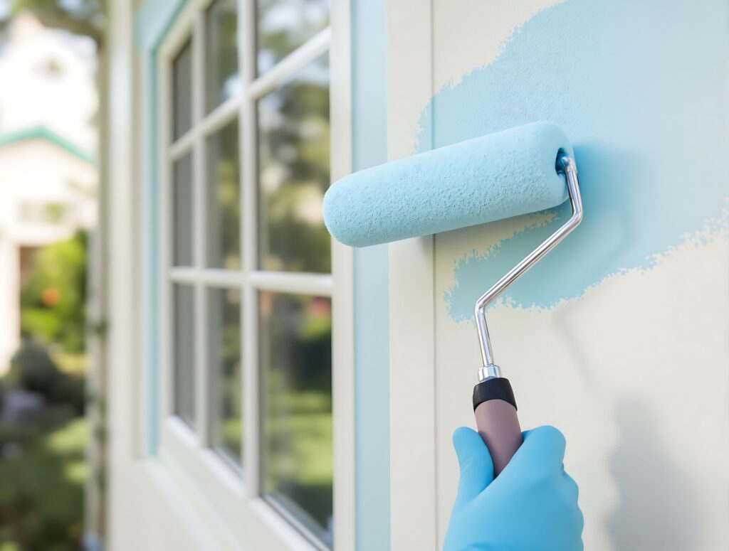 professional painter applying fresh white paint exterior wall house renovation (1)